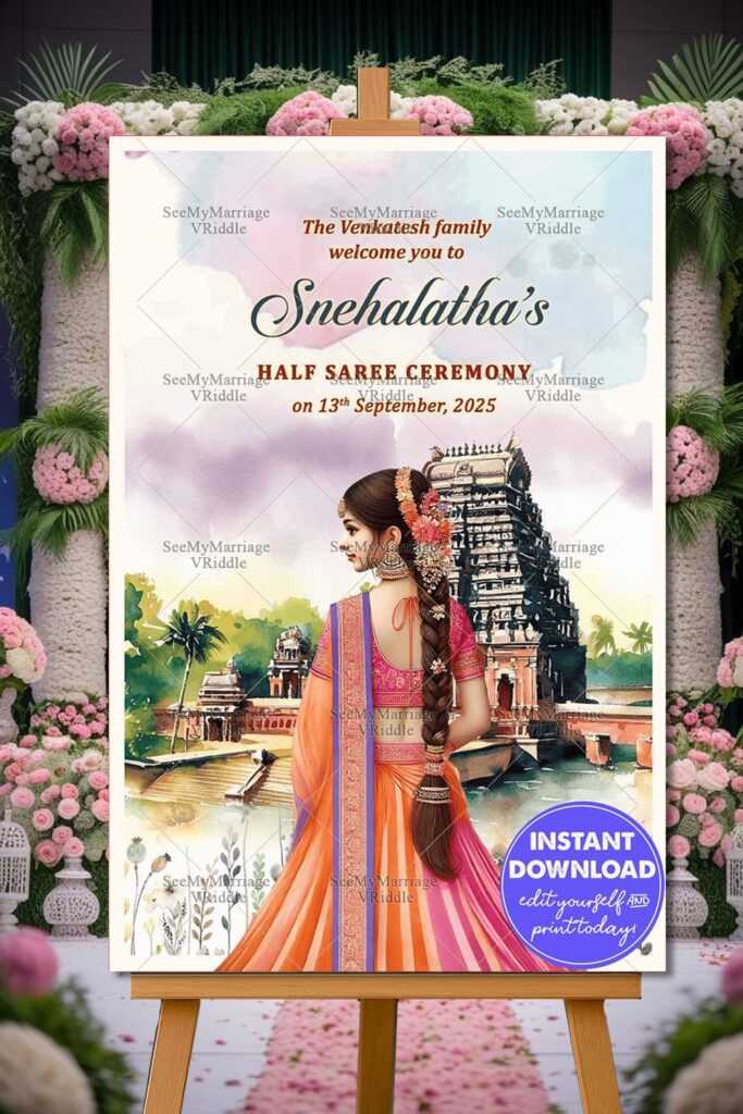 Serene Temple Backdrop Half Saree Ceremony Welcome Poster