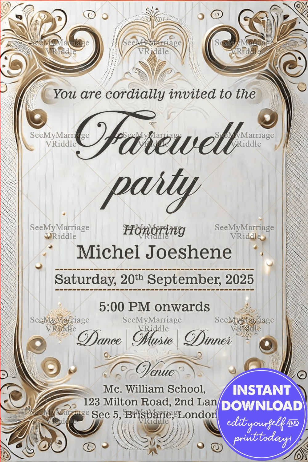 Silver Themed Farewell Party Invitation Card with Golden Borders
