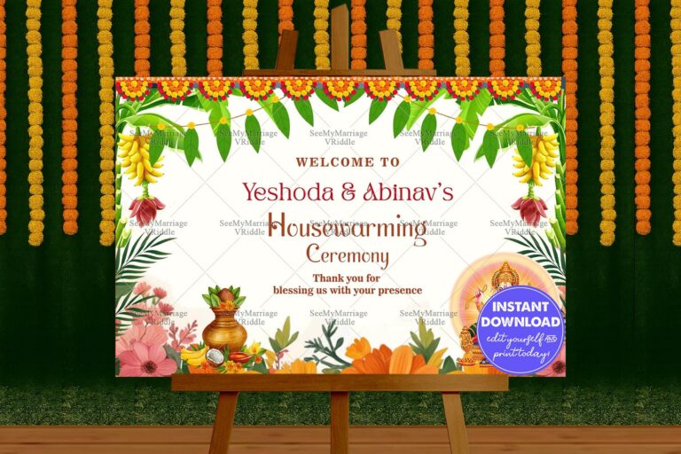 Simple Ganesha Theme Housewarming Welcome Poster with Floral Decor