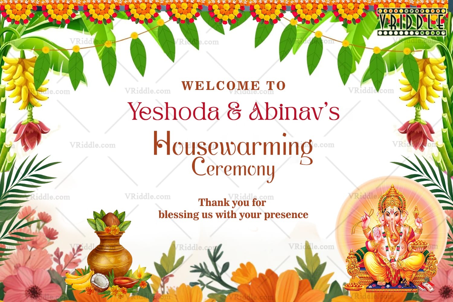 Simple Ganesha Theme Housewarming Welcome Poster with Floral Decor