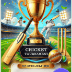 Stadium Themed Cricket Tournament Invitation Card with Golden Trophy