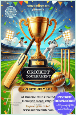 Stadium Themed Cricket Tournament Invitation Card with Golden Trophy