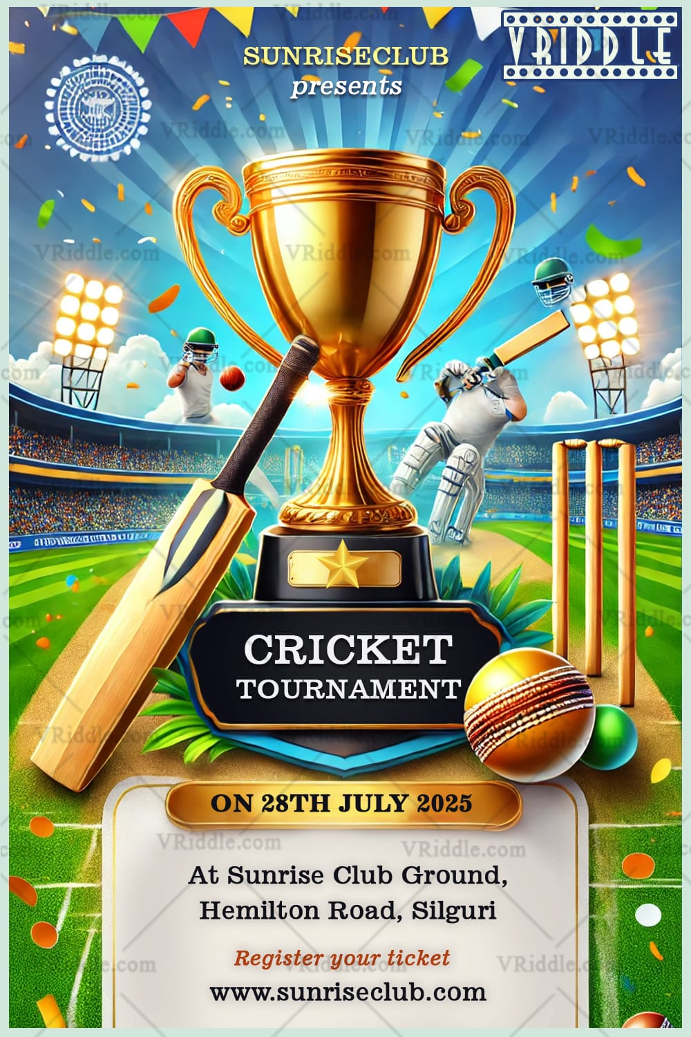 Stadium Themed Cricket Tournament Invitation Card with Golden Trophy