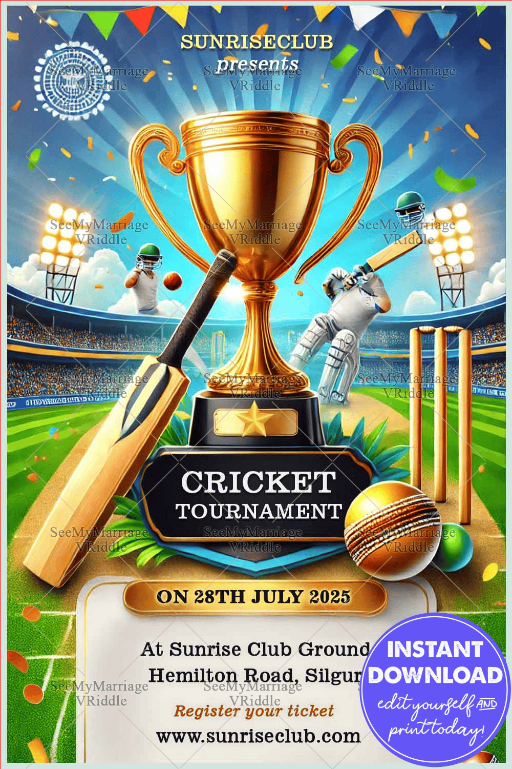 Stadium Themed Cricket Tournament Invitation Card with Golden Trophy