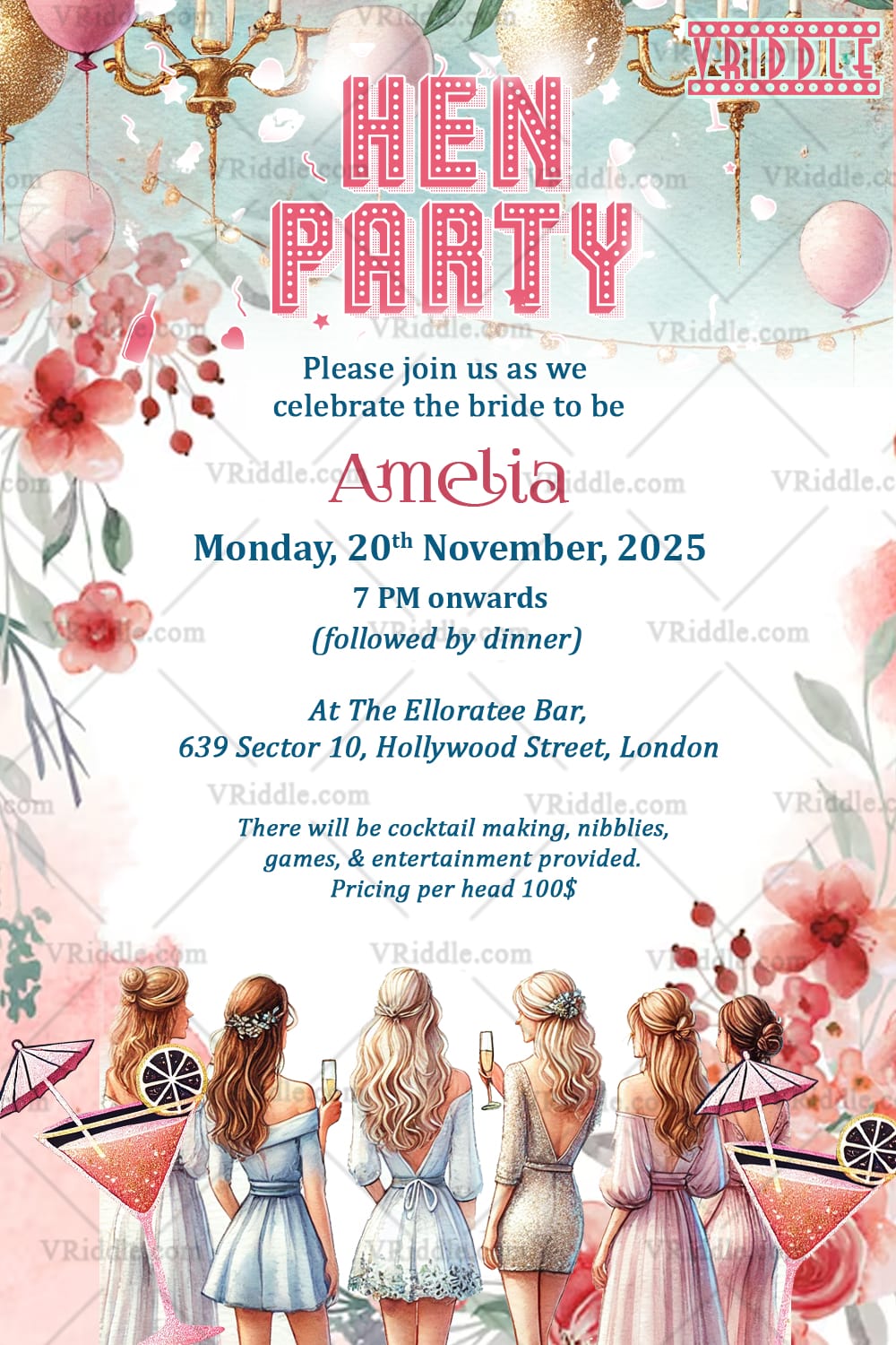 Stylish Gathering Hen Party Invitation Card with Floral Motifs Background
