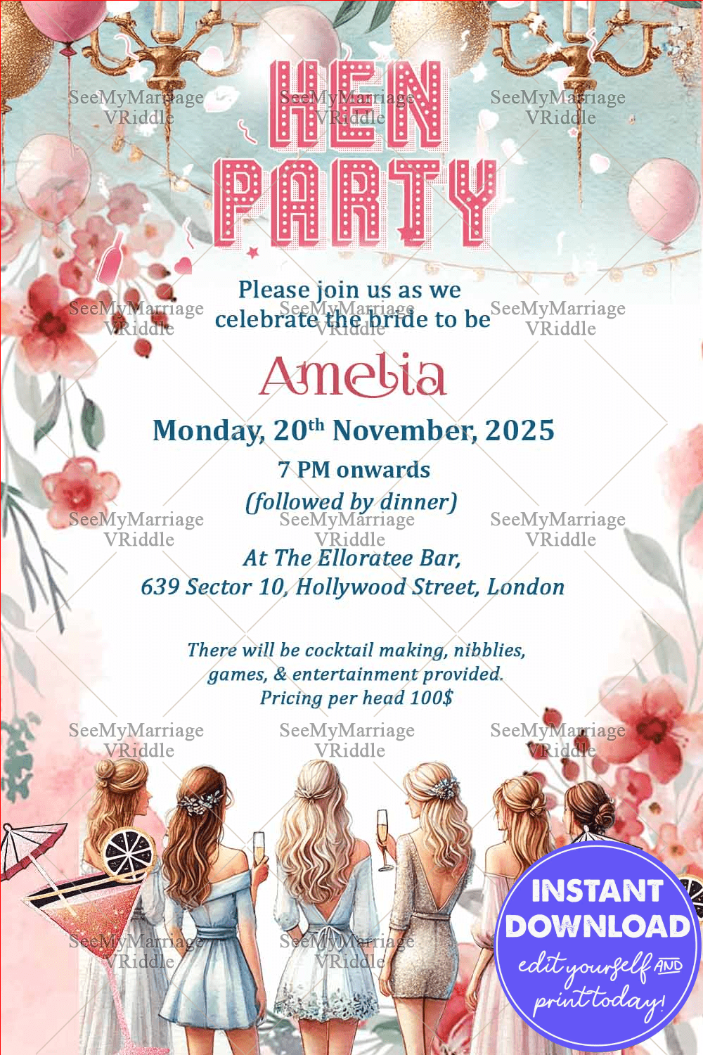 Stylish Gathering Hen Party Invitation Card with Floral Motifs Background