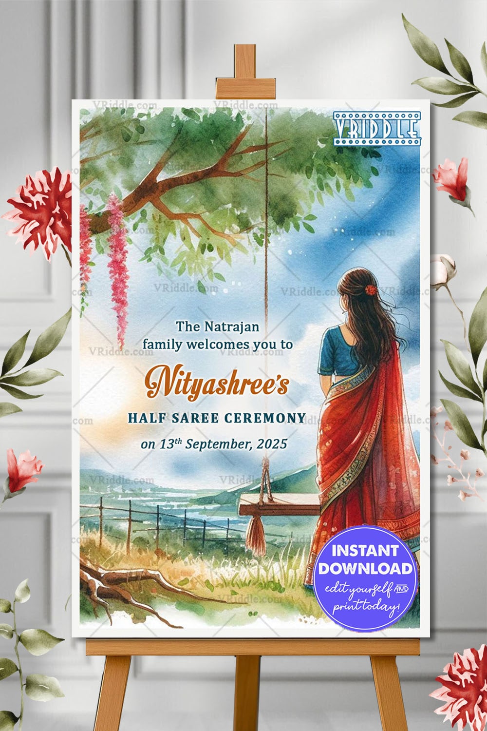 Swing Theme Half Saree Ceremony Welcome Poster with Serenity Backdrop
