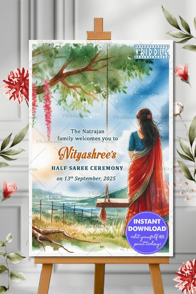 Swing Theme Half Saree Ceremony Welcome Poster with Serenity Backdrop