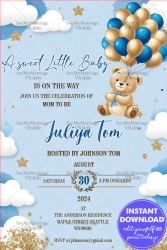 Teddy Bear Balloons Theme Baby Shower Invitation Card with Sky Blue Background