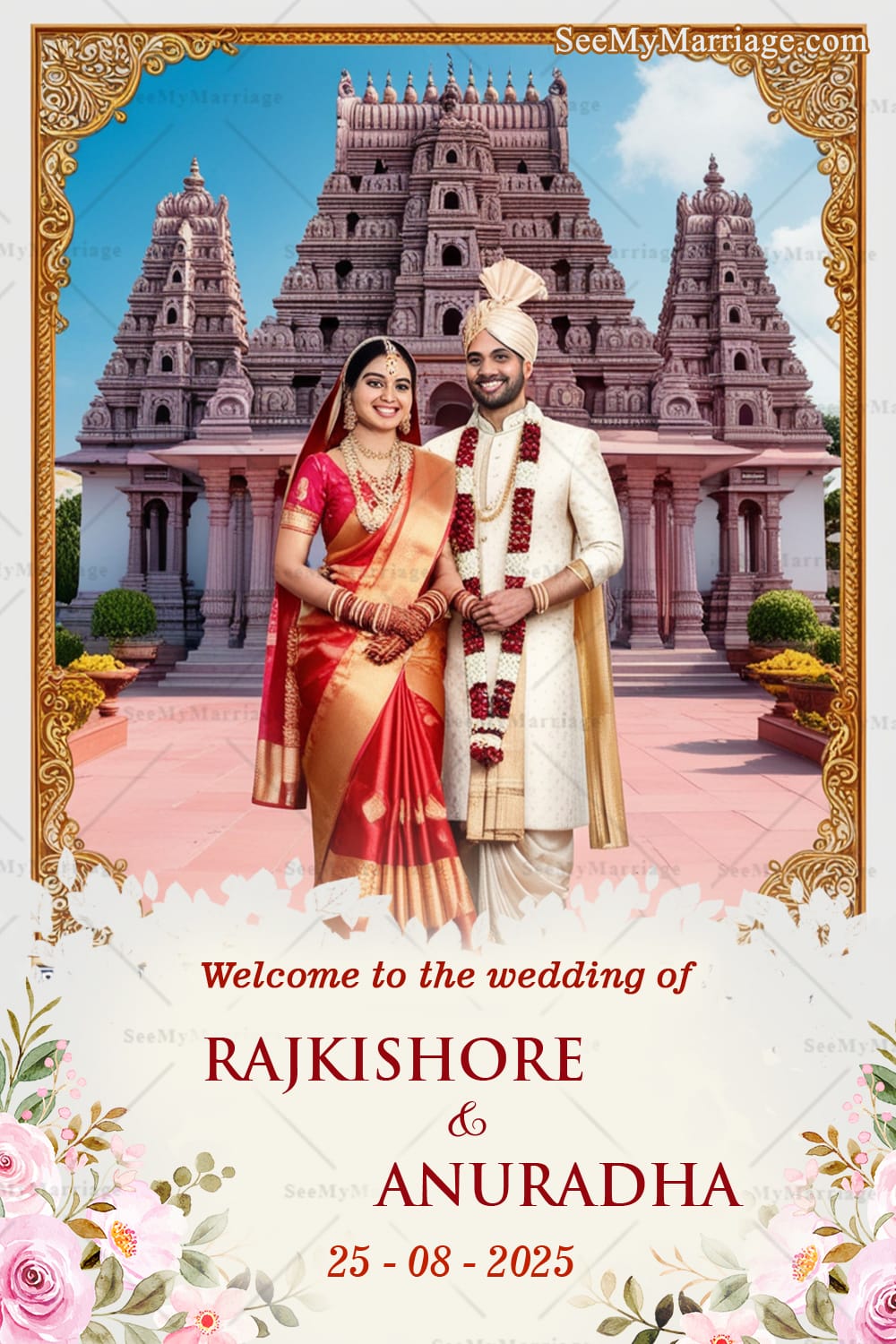 Telugu Wedding Ceremony Welcome Poster with Beautiful Couple Illustration