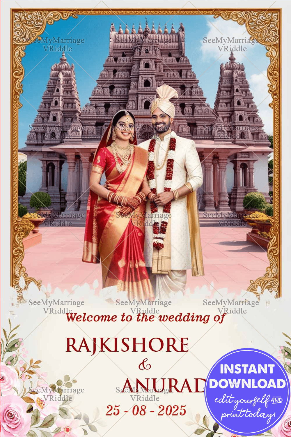 Telugu Wedding Ceremony Welcome Poster with Beautiful Couple Illustration
