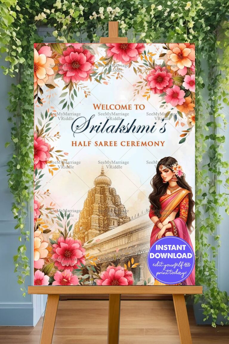 Temple Theme Floral Half Saree Ceremony Welcome Poster
