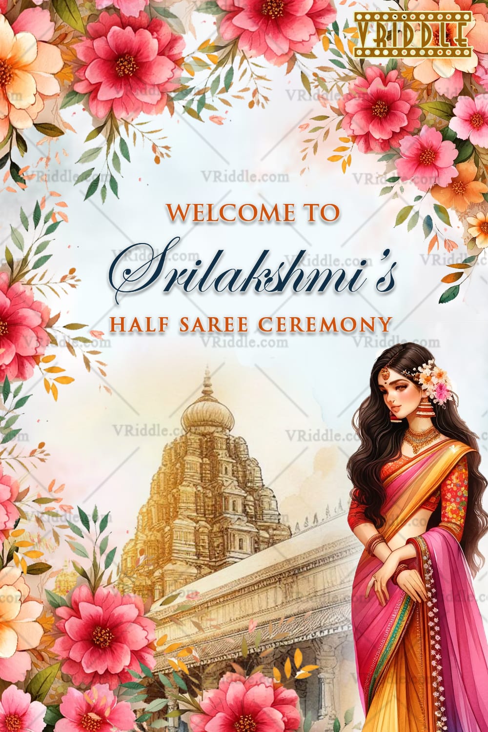 Temple Theme Floral Half Saree Ceremony Welcome Poster