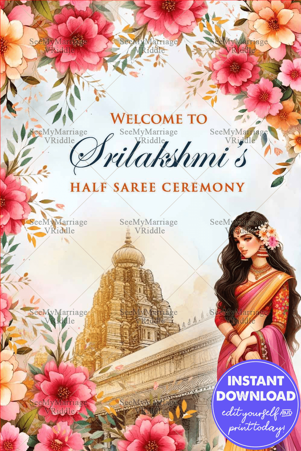 Temple Theme Floral Half Saree Ceremony Welcome Poster