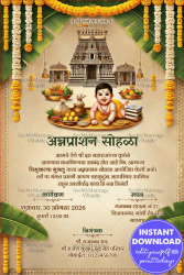 Temple Theme Marathi Annaprashan Invitation with Smiling Baby Illustration and Floral Decor