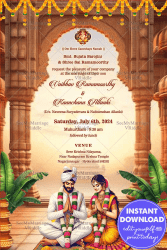 Temple Theme Telugu Wedding Invitation Card with Traditional Couple Background