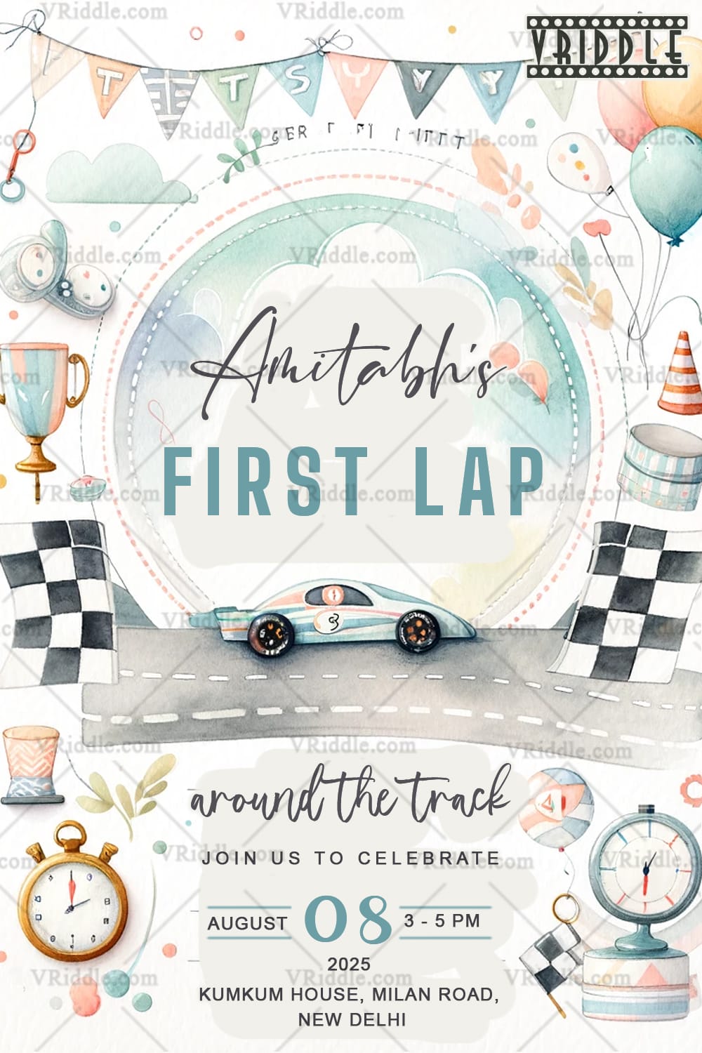 Track Adventure First Birthday Invitation Card with Racing Theme