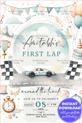 Track Adventure First Birthday Invitation Card with Racing Theme