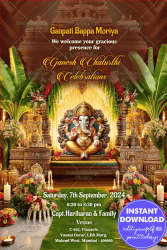 Traditional Ganesh Chaturthi Celebrations Invitation Card and Temple Architecture Background