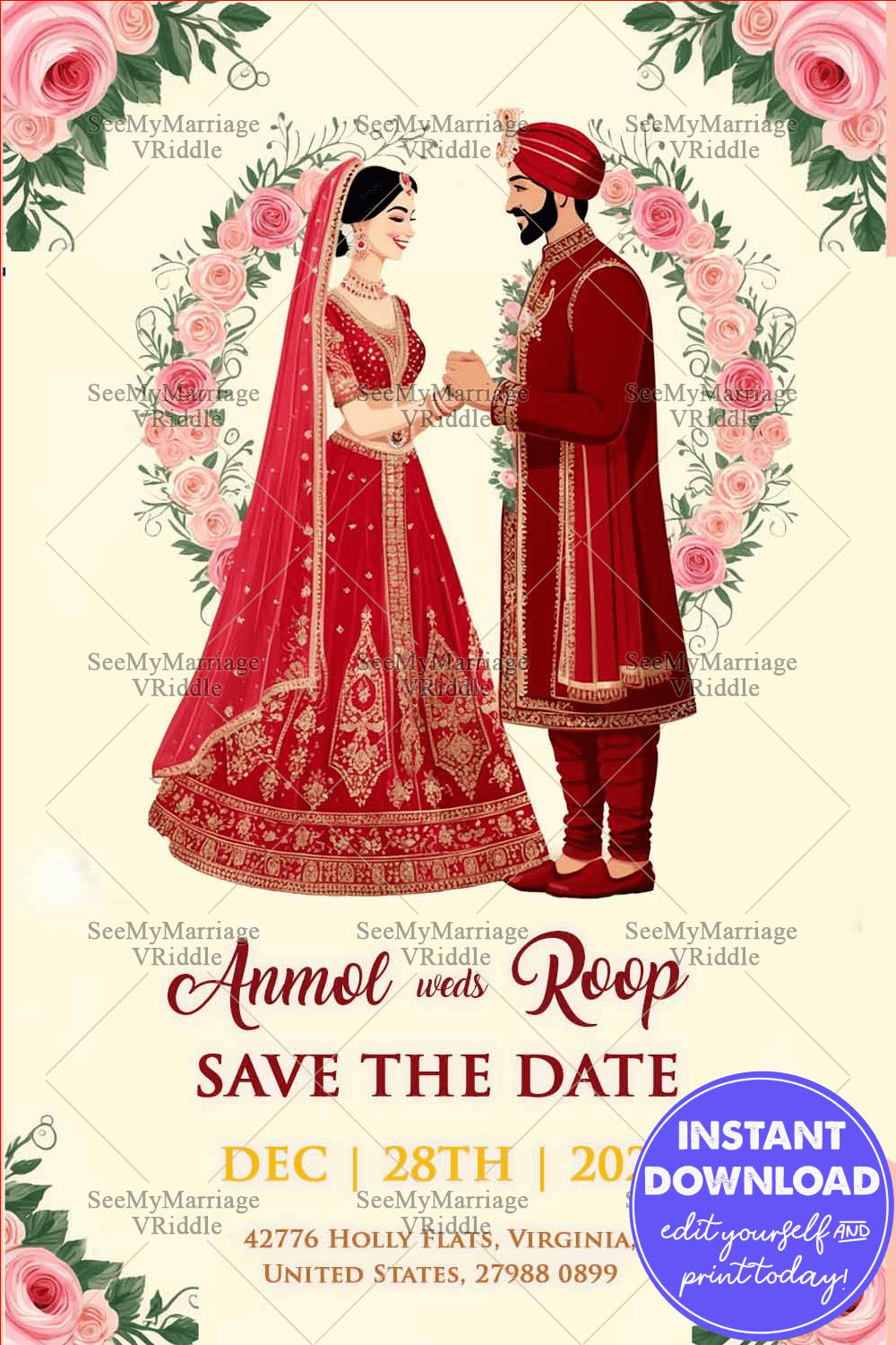 Traditional Sikh Wedding Illustration Save the Date Card with Floral Design