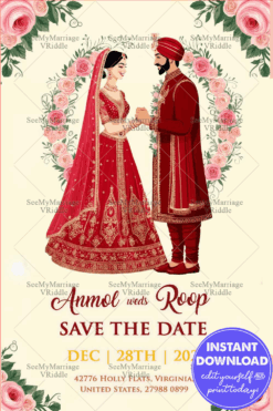 Traditional Sikh Wedding Illustration Save the Date Card with Floral Design