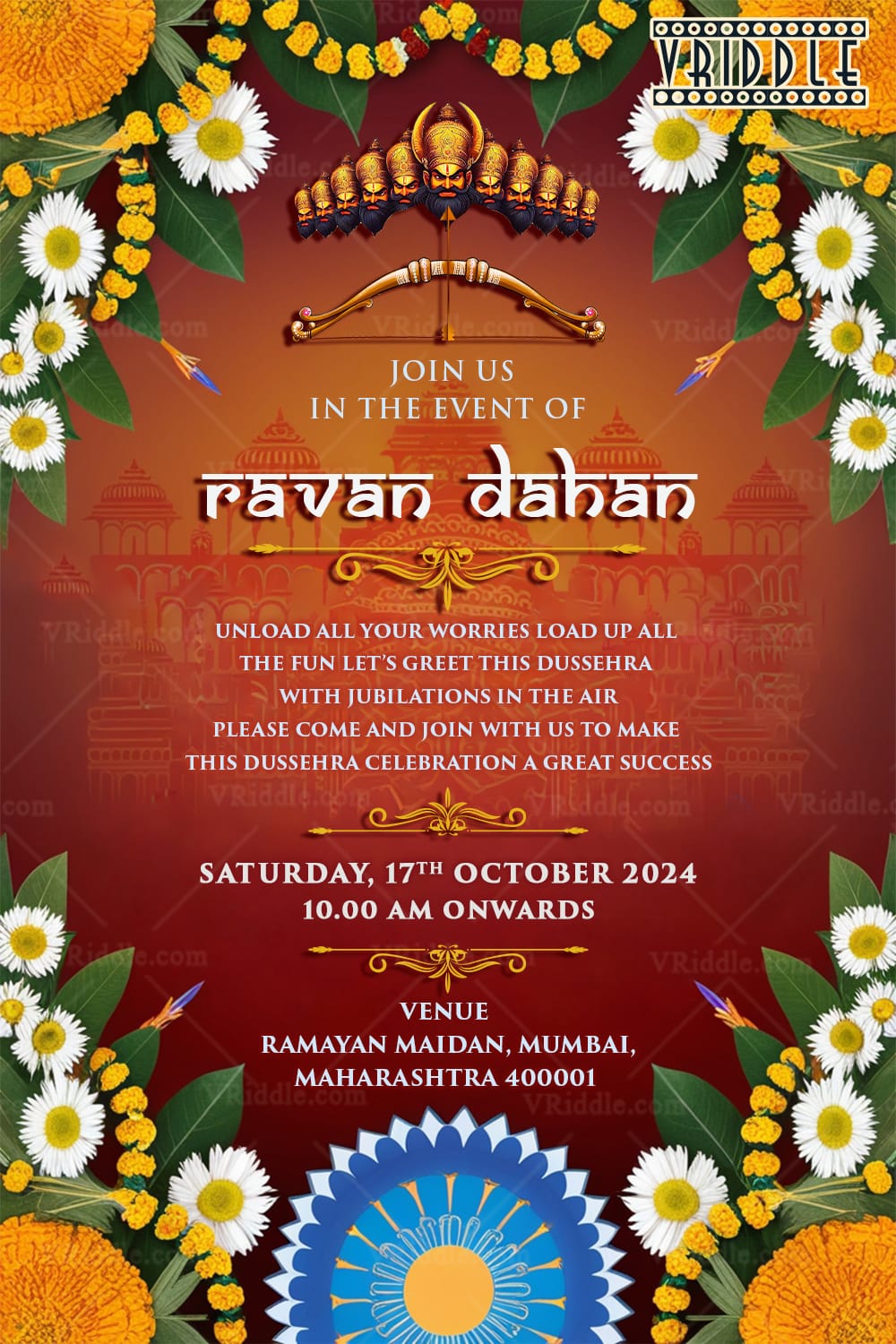Traditional Triumph Dussehra Celebration Invitation Card with Floral Theme