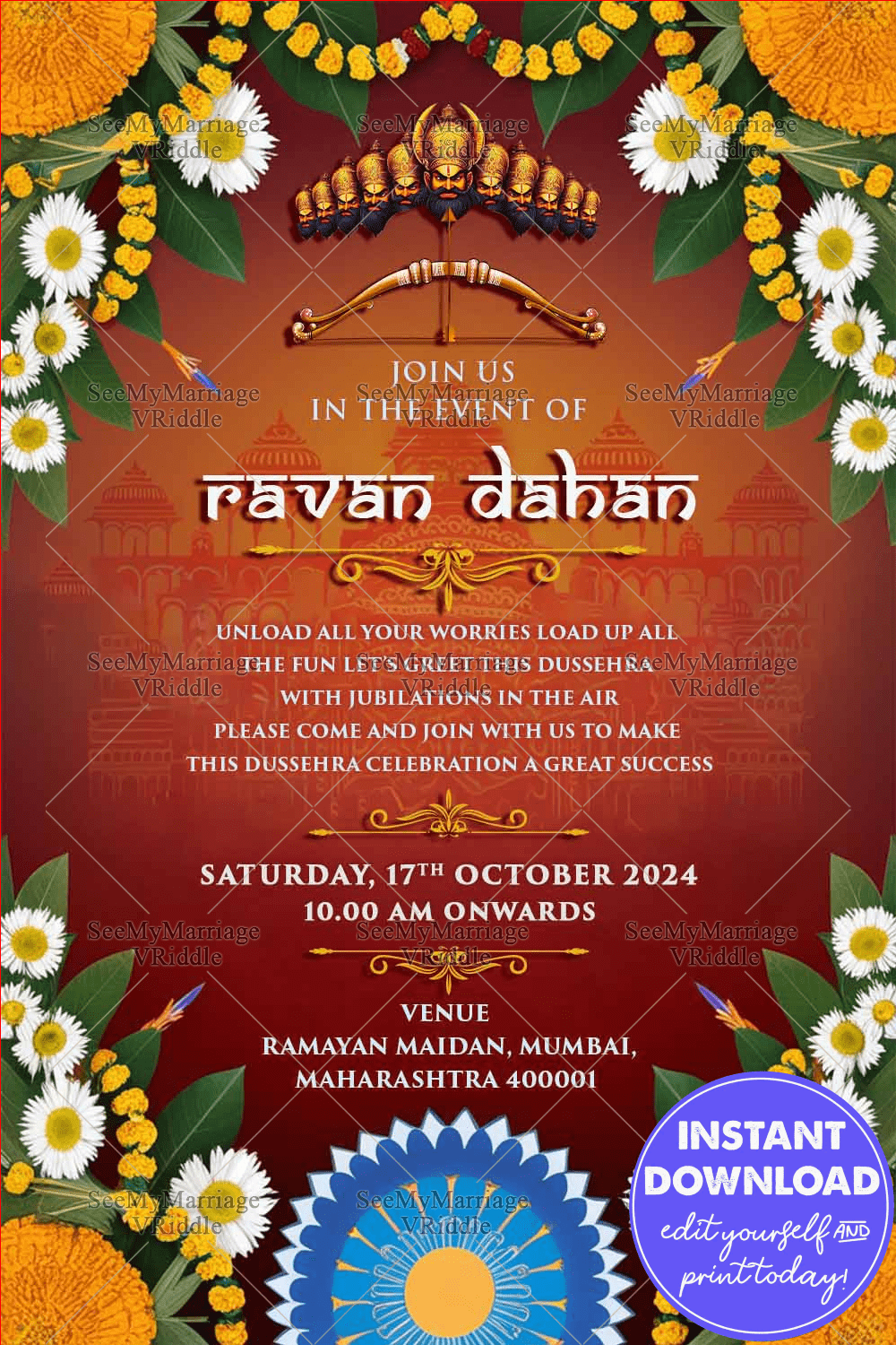 Traditional Triumph Dussehra Celebration Invitation Card with Floral Theme