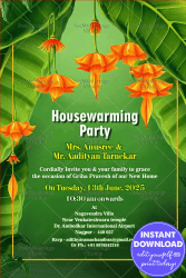 Tropical Floral Housewarming Party Invitation Card with Green Theme Background