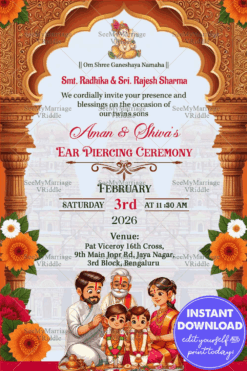 Twins Baby Traditional Ear Piercing Ceremony Invitation Card with Cartoon Family Illustration