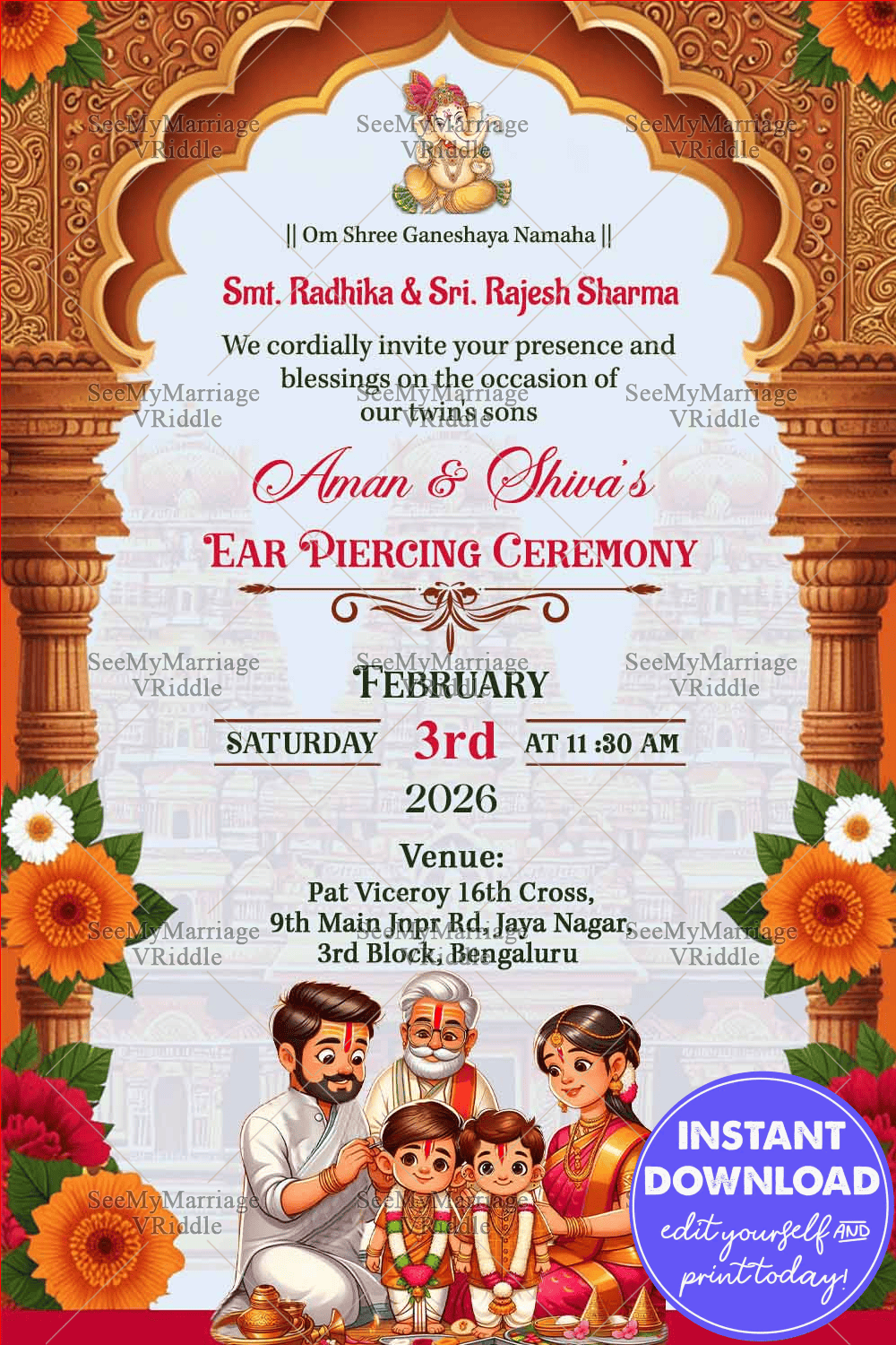 Twins Baby Traditional Ear Piercing Ceremony Invitation Card with Cartoon Family Illustration