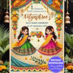 Two Cartoon Sisters Half Saree Ceremony Welcome Poster with Floral Theme