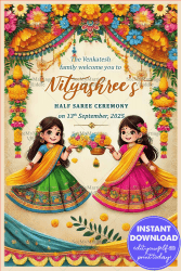 Two Cartoon Sisters Half Saree Ceremony Welcome Poster with Floral Theme