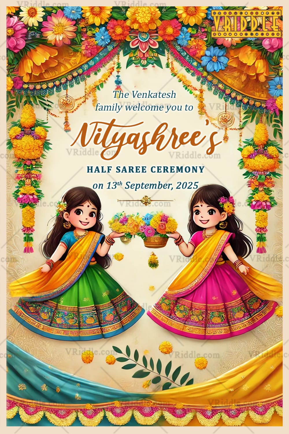 Two Cartoon Sisters Half Saree Ceremony Welcome Poster with Floral Theme