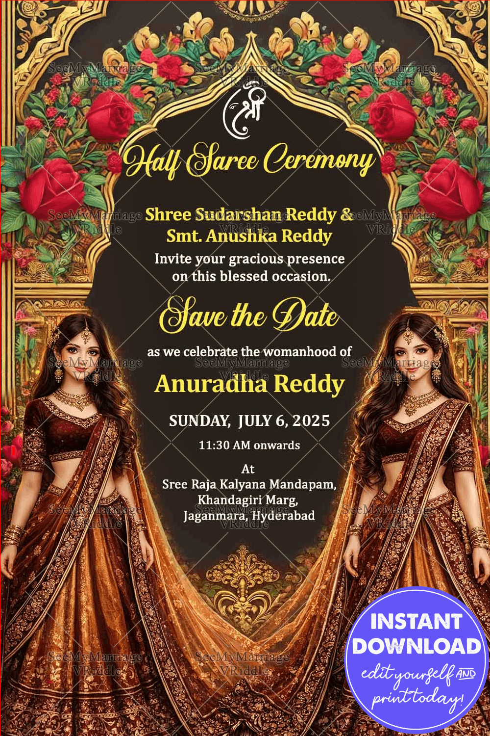 Two Sisters Half Saree Ceremony invitation Card with Ornate Arch and Roses Theme