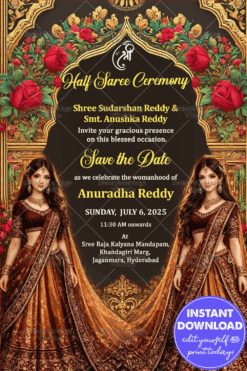 Two Sisters Half Saree Ceremony invitation Card with Ornate Arch and Roses Theme