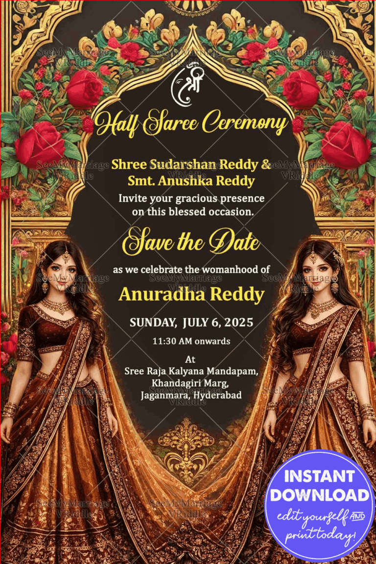 Two Sisters Half Saree Ceremony invitation Card with Ornate Arch and Roses Theme