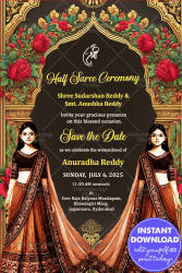 Two Sisters Half Saree Ceremony invitation Card with Ornate Arch and Roses Theme