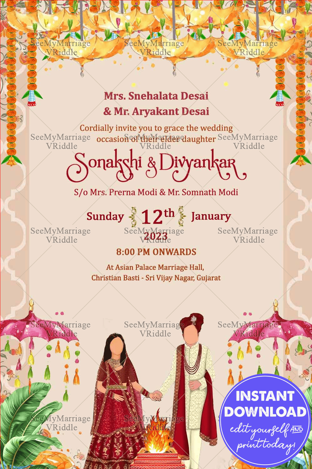 Umbrella Theme Gujarati Wedding Invitation Card with Couple Caricature Background