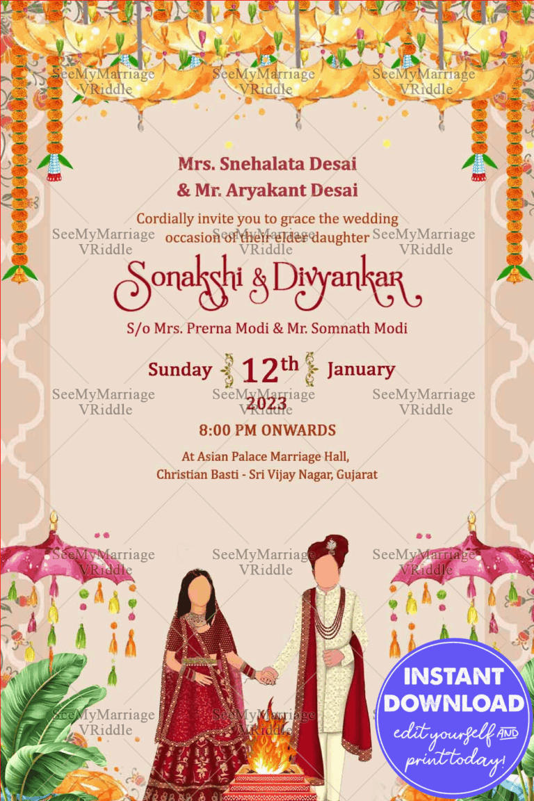 Umbrella Theme Gujarati Wedding Invitation Card with Couple Caricature Background