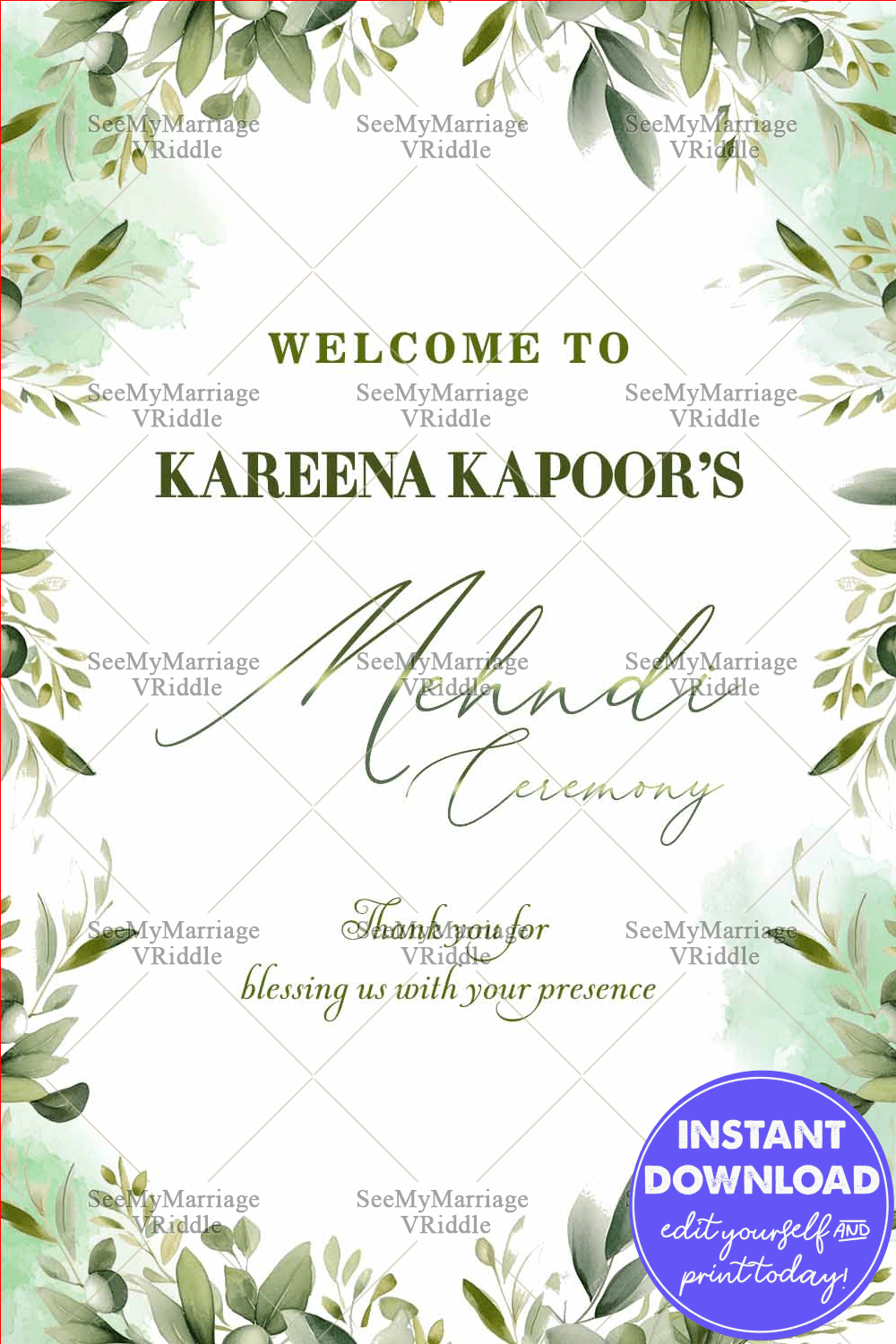 Verdant Leaves Theme Mehndi Ceremony Welcome Poster