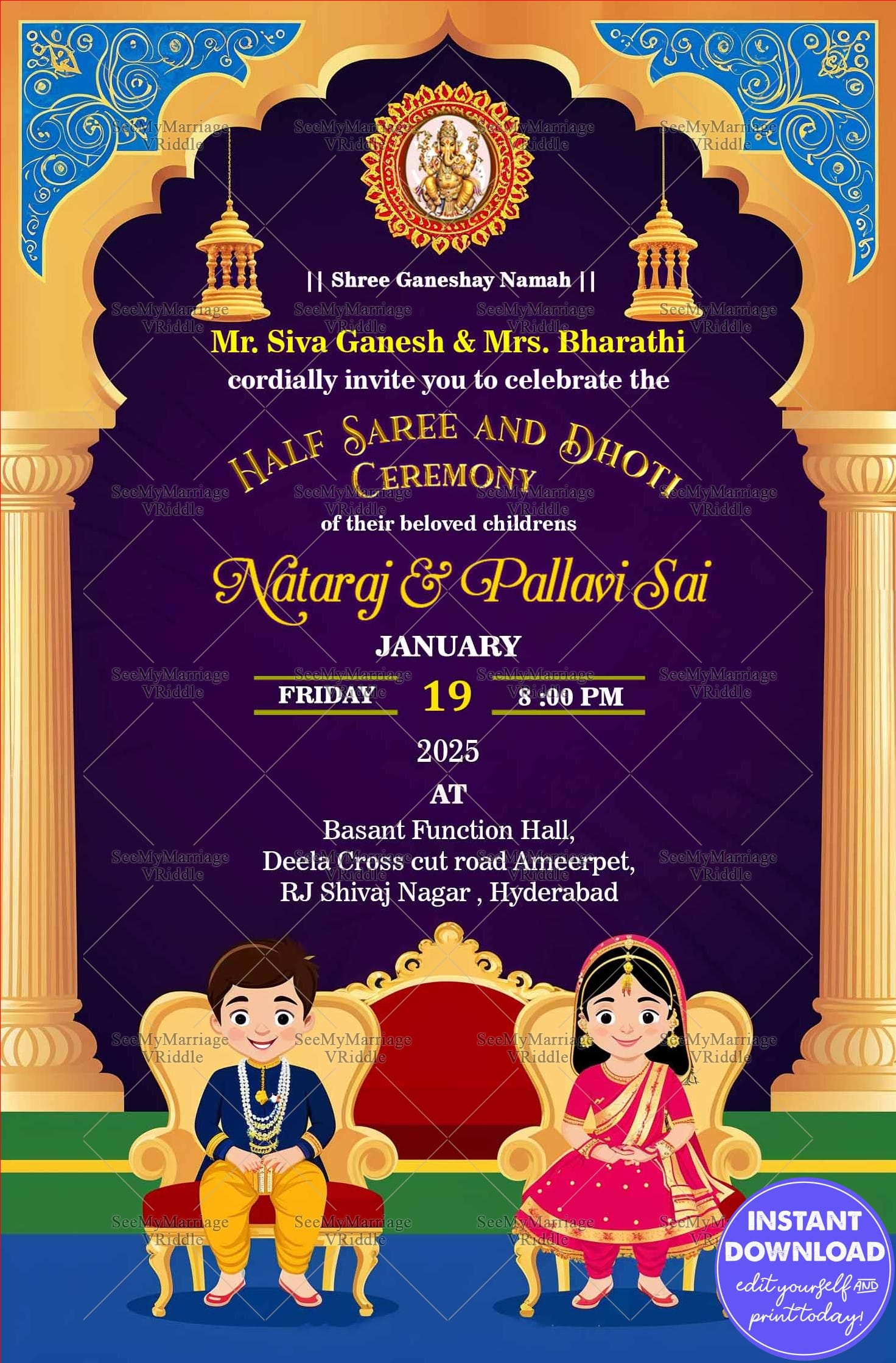 Vibrant Ceremony Invitation Traditional Half Saree & Dhoti Celebration