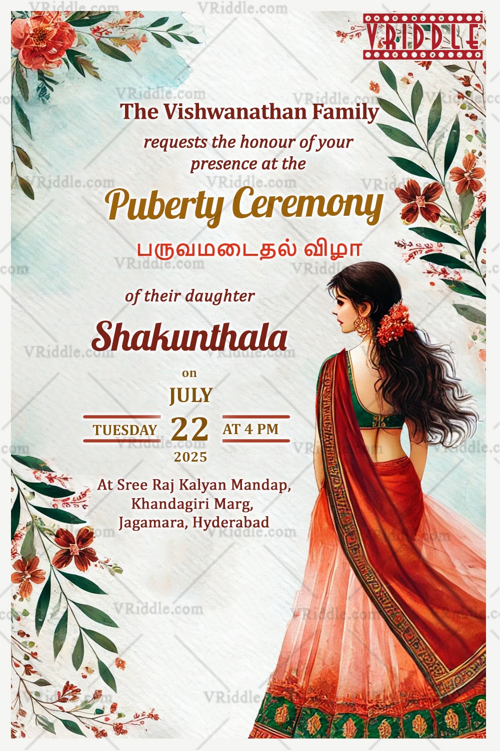 Vibrant Floral Puberty Ceremony Invitation Card with Cute Girl Illustration and White Theme Background
