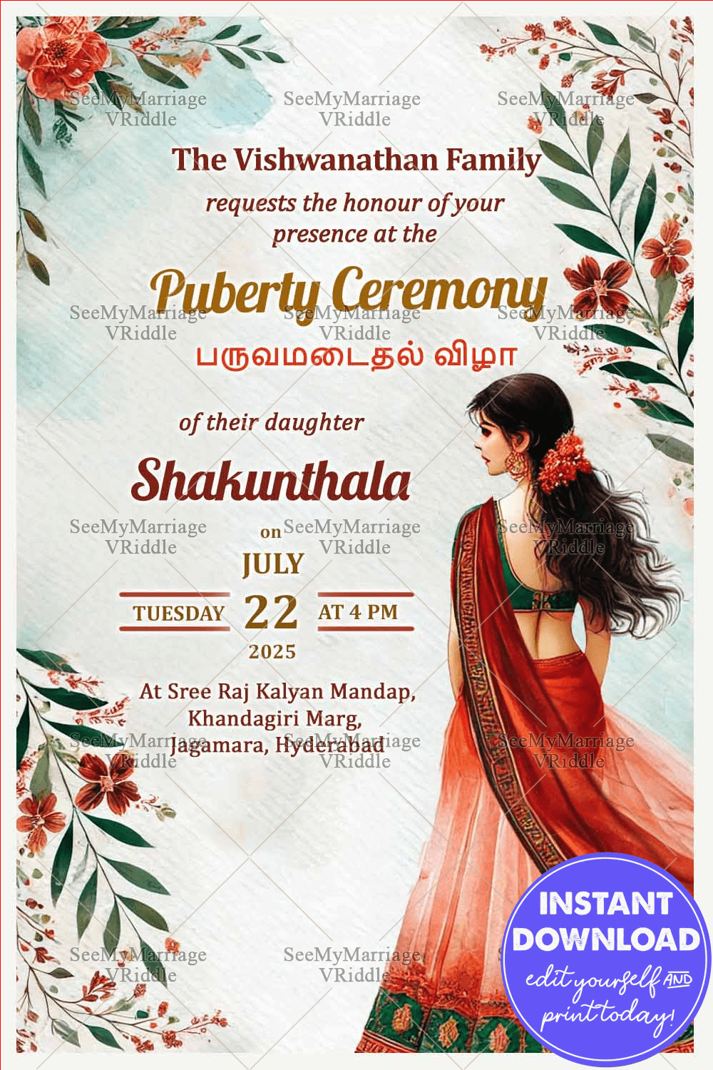 Vibrant Floral Puberty Ceremony Invitation Card with Cute Girl Illustration and White Theme Background