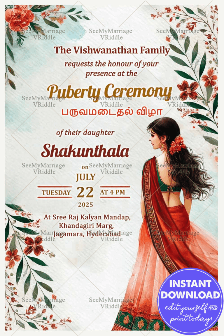Vibrant Floral Puberty Ceremony Invitation Card with Cute Girl Illustration and White Theme Background