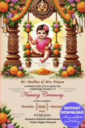 The image is a beautifully crafted invitation card for the naming ceremony of a baby girl, designed with a rich traditional aesthetic. The central focus is a charming baby girl, dressed in a vibrant pink saree, sitting joyfully on a swing adorned with colorful marigold and floral decorations. The swing is intricately carved, supported by two ornate wooden pillars, adding a regal touch to the invitation. The floral decorations, consisting of marigolds, greenery, and other flowers, enhance the festive look, with garlands and hanging bells adding a touch of tradition and grandeur to the overall design.