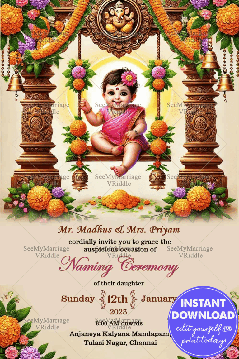 Vibrant Naming Ceremony Invite Baby Girl on Floral Swing