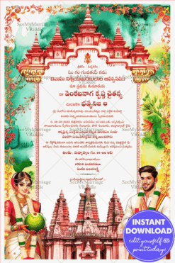 Vibrant Telugu Wedding Invitation Card with Floral Theme Background