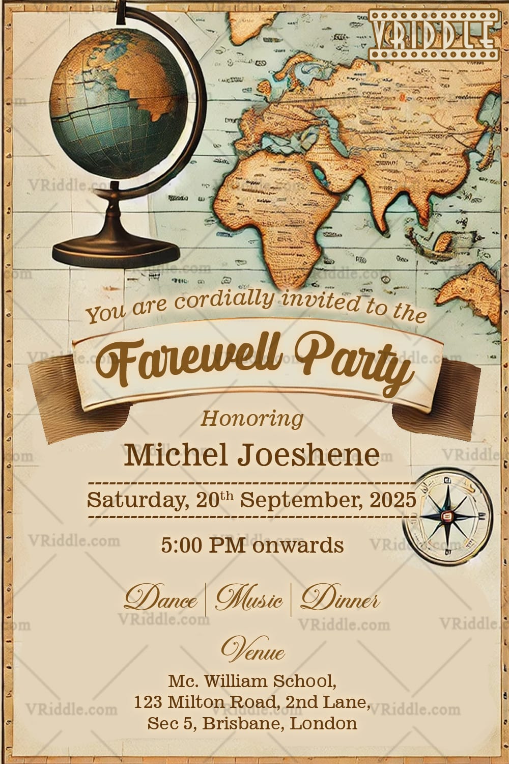 Vintage Globe Farewell Party Invitation Card with Cream Theme