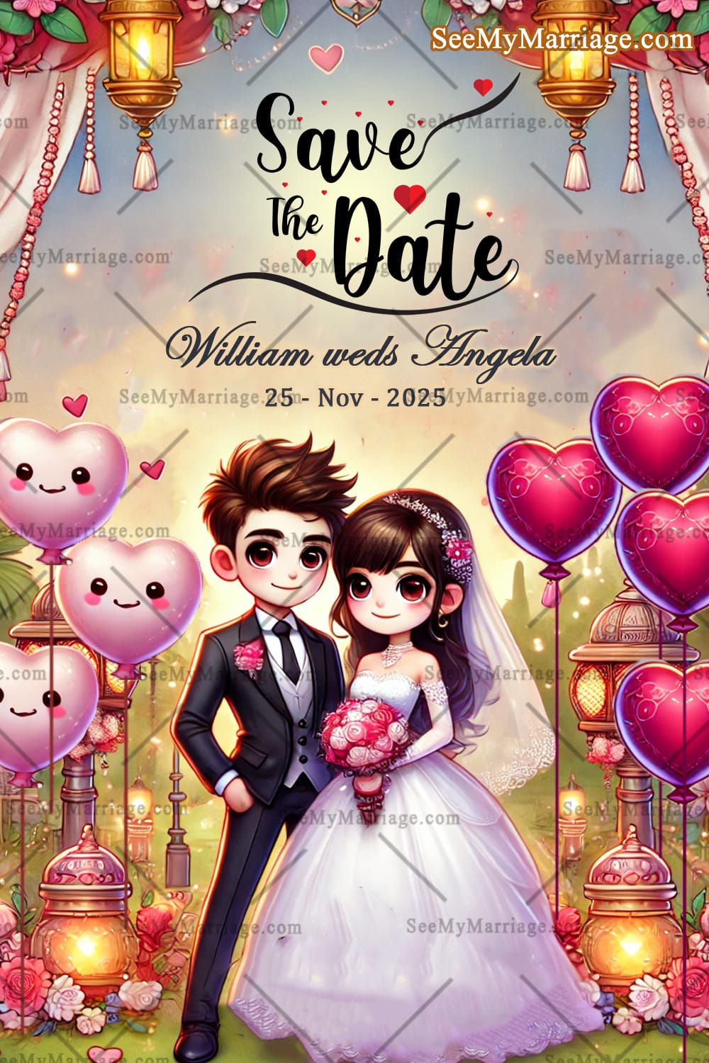 Western Theme Save The Date Wedding Card with Romantic Cartoon Couple Illustration and Heart Balloons Background