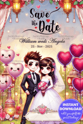 Western Theme Save The Date Wedding Card with Romantic Cartoon Couple Illustration and Heart Balloons Background